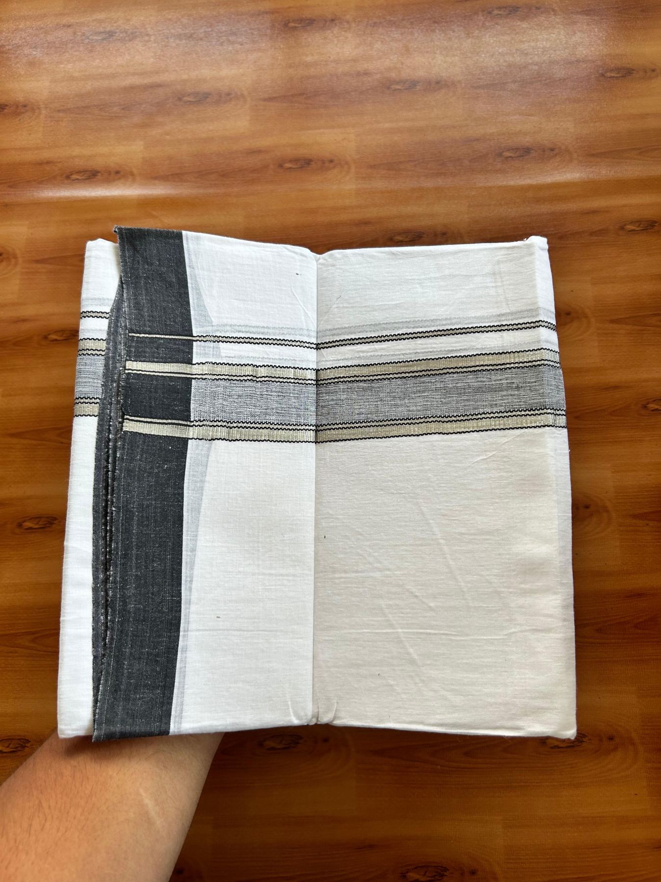 Linen Dhoti New! 20% Discount from Kaitharikada.com - Double Mundu/Dhoti (80s) Thread Pure White - Pure Cotton + Linen - 1.75 Inch Silver Kasav & Black Shaded Striped Kara 4 mtr (8.5 muzham) - 17 KK5493 THI
