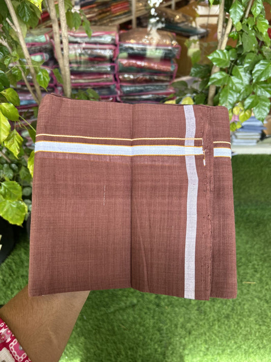 Handloom Single Hallmarked - 10% Discount ! KaithariKada 100% Pure Cotton - Mundu/Dhoti 0.5 inch White & Light Orange kara with Brown colour Body - (2 meter / 4 muzham) - 82 KK8044 ELA