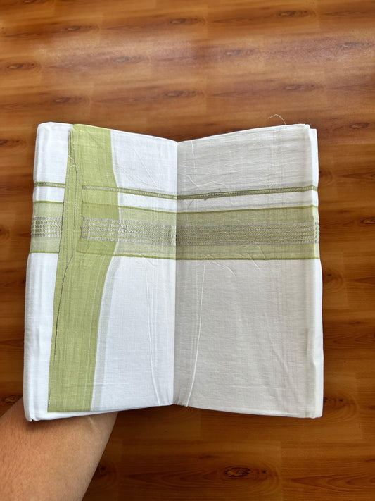 Linen Dhoti New! 20% Discount from Kaitharikada.com - Double Mundu/Dhoti (80s) Thread Pure White - Pure Cotton + Linen - 1.75 Inch Silver Kasav & Light Green Shaded Striped Kara 4 mtr (8.5 muzham) - 18 KK5493 THI