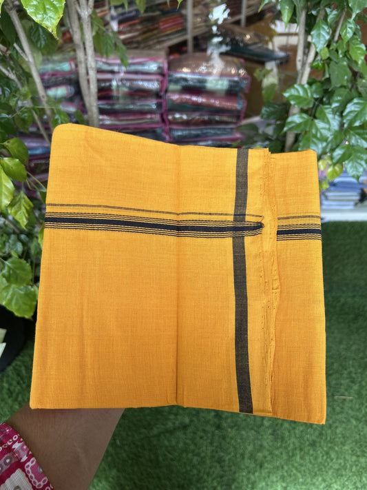 Handloom Single Hallmarked - 10% Discount !! KaithariKada 100% Pure Cotton - Mundu/Dhoti 1.5 cm Black Striped Kara with Light Orange colour Body - (2 meter / 4 muzham) - 44 KK8044 ELA