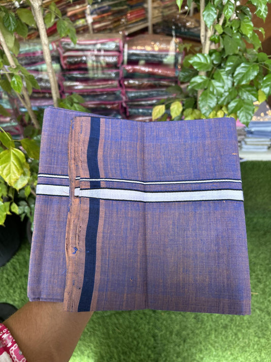 Handloom Single Hallmarked - 10% Discount !! KaithariKada 100% Pure Cotton - Mundu/Dhoti Blue Brown Shaded Body & 1 cm White Kara - (2 meter / 4 muzham) - 14 KK8044 ELA