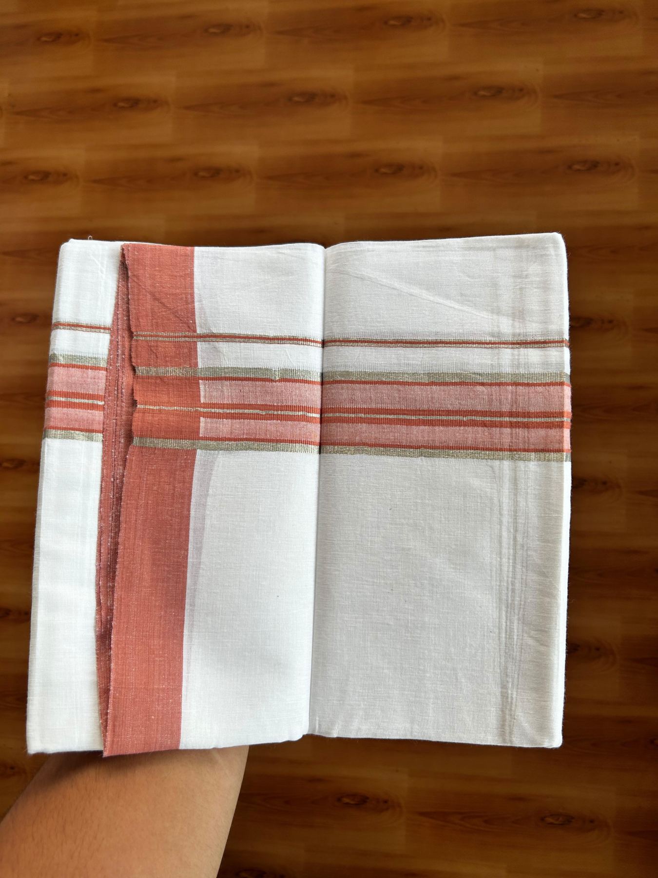 Linen Dhoti New! 20% Discount from Kaitharikada.com - Double Mundu/Dhoti (80s) Thread Pure White - Pure Cotton + Linen - 1.75 Inch Silver Kasav & Dusty Peach Shaded Striped Kara 4 mtr (8.5 muzham) - 21 KK5493 THI