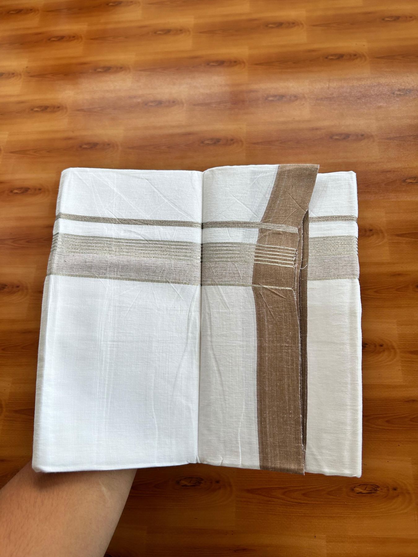 Linen Dhoti New! 20% Discount from Kaitharikada.com - Double Mundu/Dhoti (80s) Thread Pure White - Pure Cotton + Linen - 1.75 Inch Silver Kasav & Brown Shaded Striped Kara 4 mtr (8.5 muzham) - 22 KK5493 THI