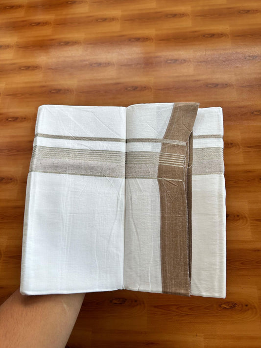 Linen Dhoti New! 20% Discount from Kaitharikada.com - Double Mundu/Dhoti (80s) Thread Pure White - Pure Cotton + Linen - 1.75 Inch Silver Kasav & Brown Shaded Striped Kara 4 mtr (8.5 muzham) - 22 KK5493 THI