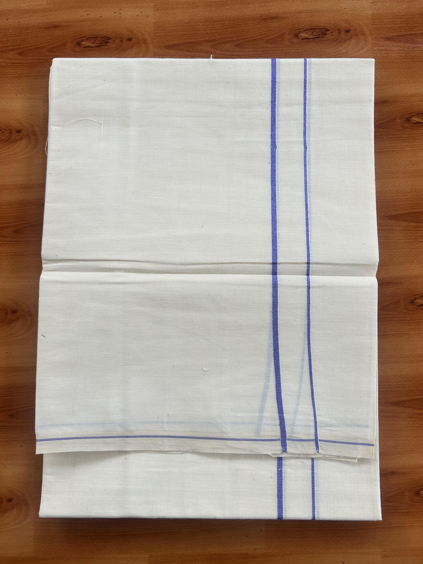 Single Off White - (Unbleached) Mundu/Dhoti - KaithariKada Balaramapuram Pure Cotton 70x30 - 0.3 cm Lavendar Blue Kara (2 meter /4 muzham) - 17 KK5409 PMC