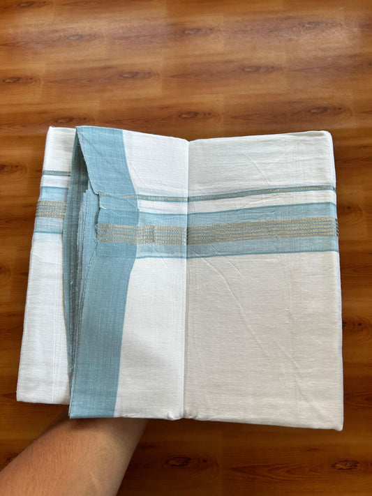 Linen Dhoti New! 20% Discount from Kaitharikada.com - Double Mundu/Dhoti (80s) Thread Pure White - Pure Cotton + Linen - 1.75 Inch Silver Kasav & Light Blue Shaded Striped Kara 4 mtr (8.5 muzham) - 24 KK5493 THI