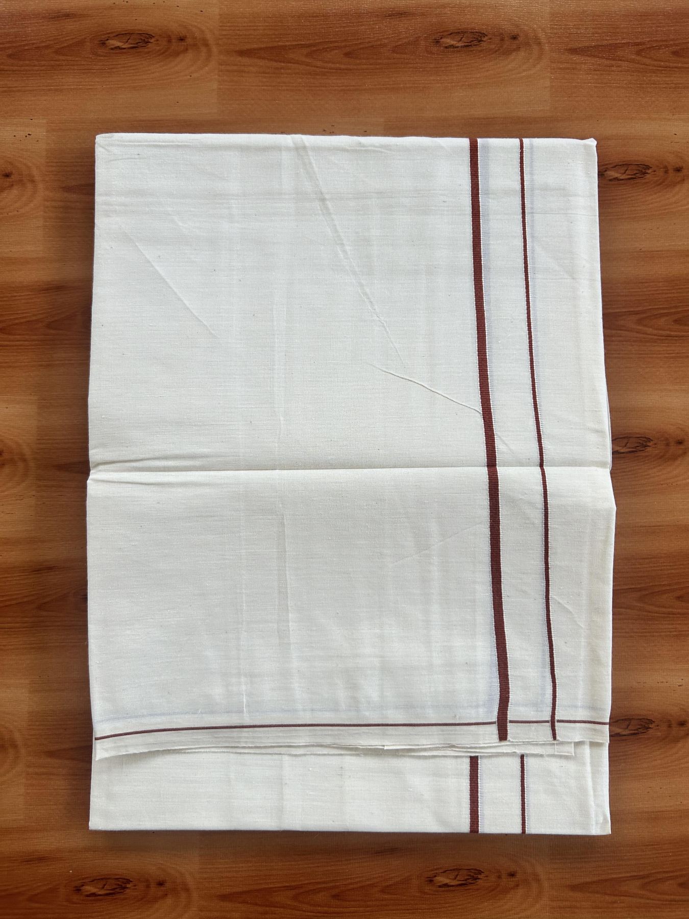 Single Off White - (Unbleached) Mundu/Dhoti - KaithariKada Balaramapuram Pure Cotton 70x30 - 0.3 cm Brown Kara (2 meter /4 muzham) - 19 KK5409 PMC