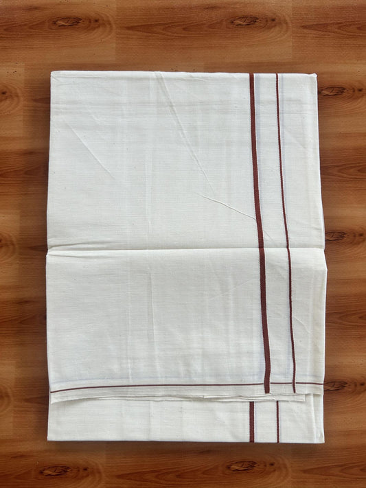 Single Off White - (Unbleached) Mundu/Dhoti - KaithariKada Balaramapuram Pure Cotton 70x30 - 0.3 cm Brown Kara (2 meter /4 muzham) - 19 KK5409 PMC