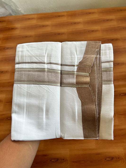 Linen Dhoti New! 20% Discount from Kaitharikada.com - Double Mundu/Dhoti (80s) Thread Pure White - Pure Cotton + Linen - 1.75 Inch Silver Kasav & Brown Shaded Striped Kara 4 mtr (8.5 muzham) - 25 KK5493 THI