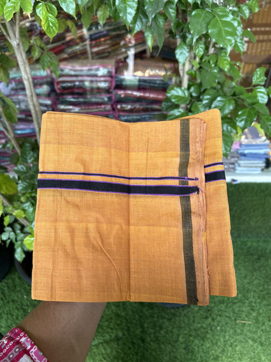 Handloom Single Hallmarked - 10% Discount ! KaithariKada 100% Pure Cotton - Mundu/Dhoti 0.5 inch Black & Violet Kara with Kavi colour Body - (2 meter / 4 muzham) - 57 KK8044 ELA
