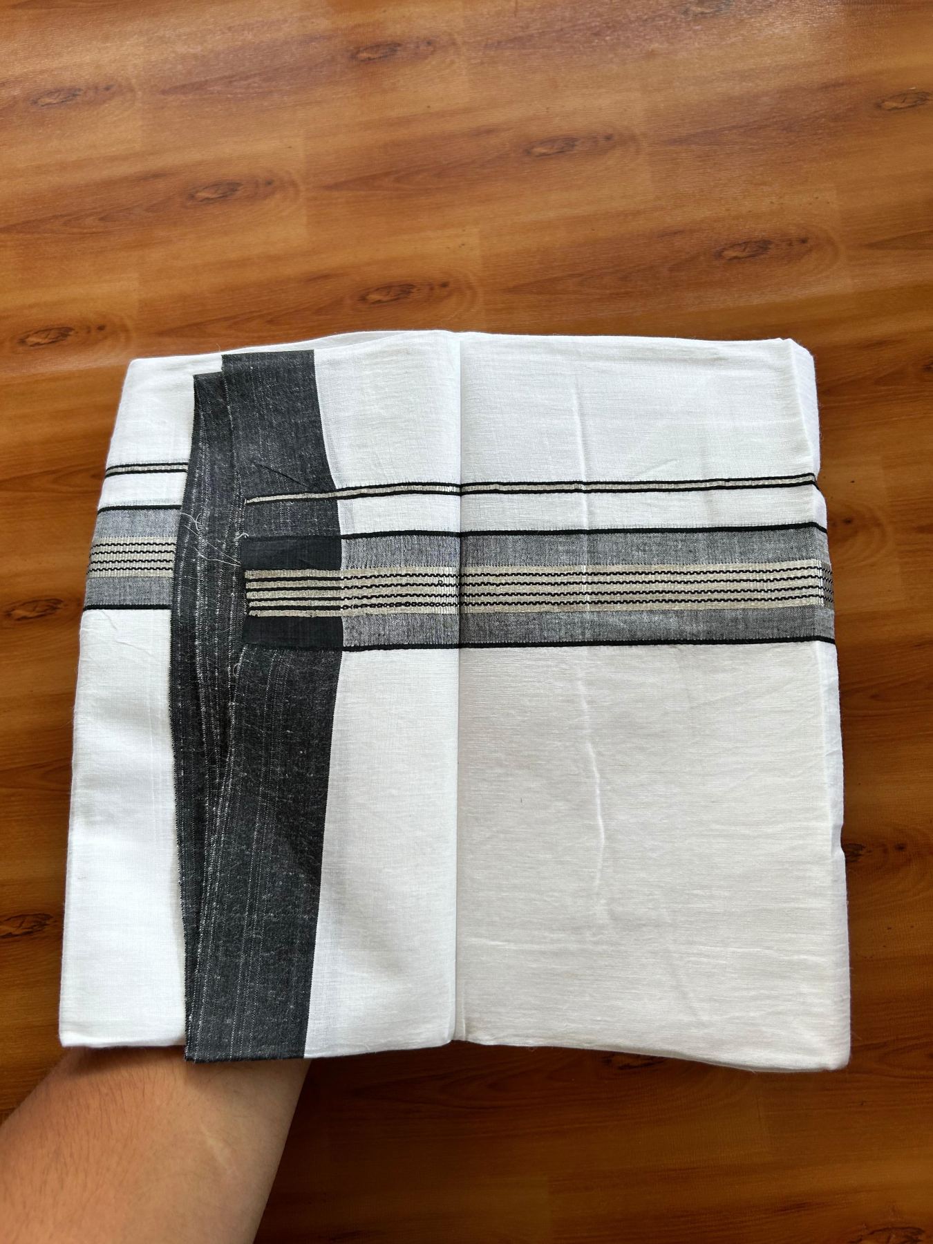 Linen Dhoti New! 20% Discount from Kaitharikada.com - Double Mundu/Dhoti (80s) Thread Pure White - Pure Cotton + Linen - 1.75 Inch Silver Kasav & Black Shaded Striped Kara 4 mtr (8.5 muzham) - 27 KK5493 THI