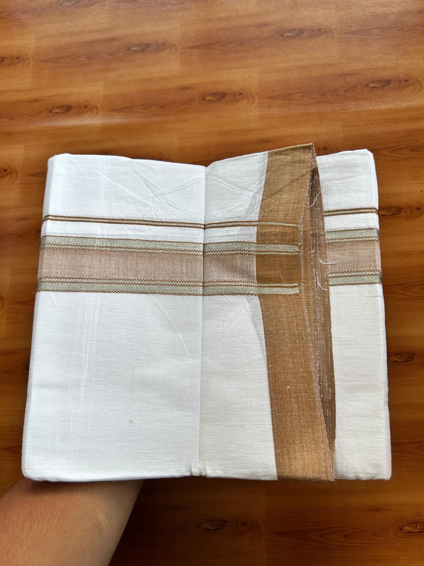 Linen Dhoti New! 20% Discount from Kaitharikada.com - Double Mundu/Dhoti (80s) Thread Pure White - Pure Cotton + Linen - 1.75 Inch Silver Kasav & Light Brown Shaded Striped Kara 4 mtr (8.5 muzham) - 28 KK5493 THI