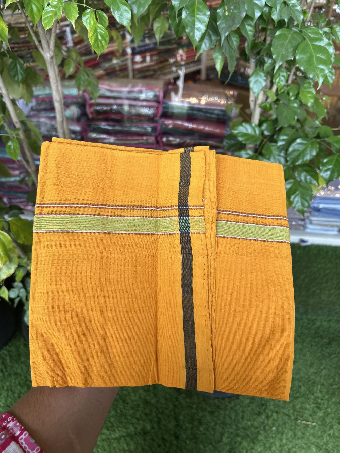 Handloom Single Hallmarked - 10% Discount !! KaithariKada 100% Pure Cotton - Mundu/Dhoti 2 cm Brown & Green Kara with Light Orange colour Body - (2 meter / 4 muzham) - 39 KK8044 ELA