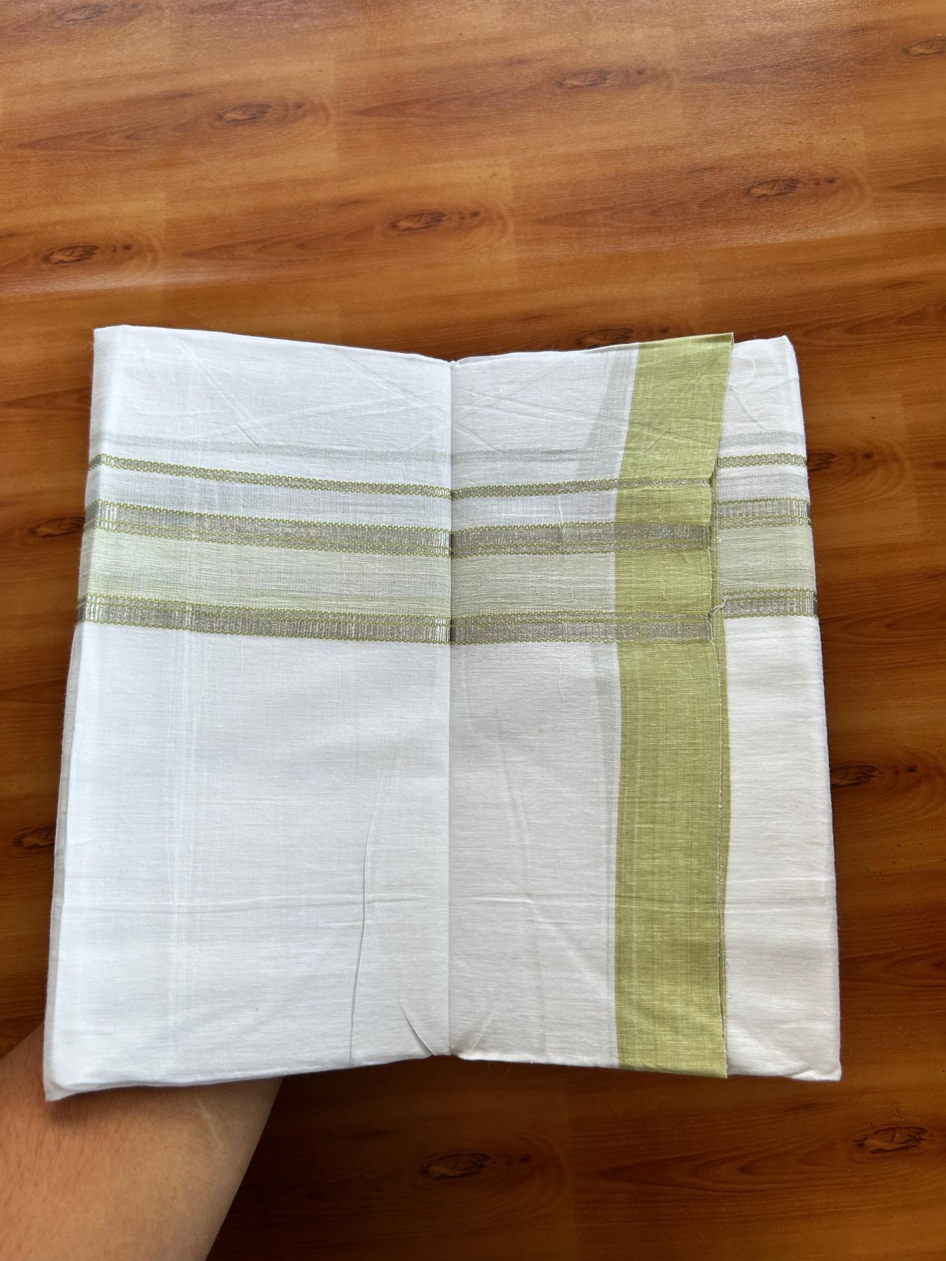 Linen Dhoti New! 20% Discount from Kaitharikada.com - Double Mundu/Dhoti (80s) Thread Pure White - Pure Cotton + Linen - 1.75 Inch Silver Kasav & Light Green Shaded Striped Kara 4 mtr (8.5 muzham) - 29 KK5493 THI