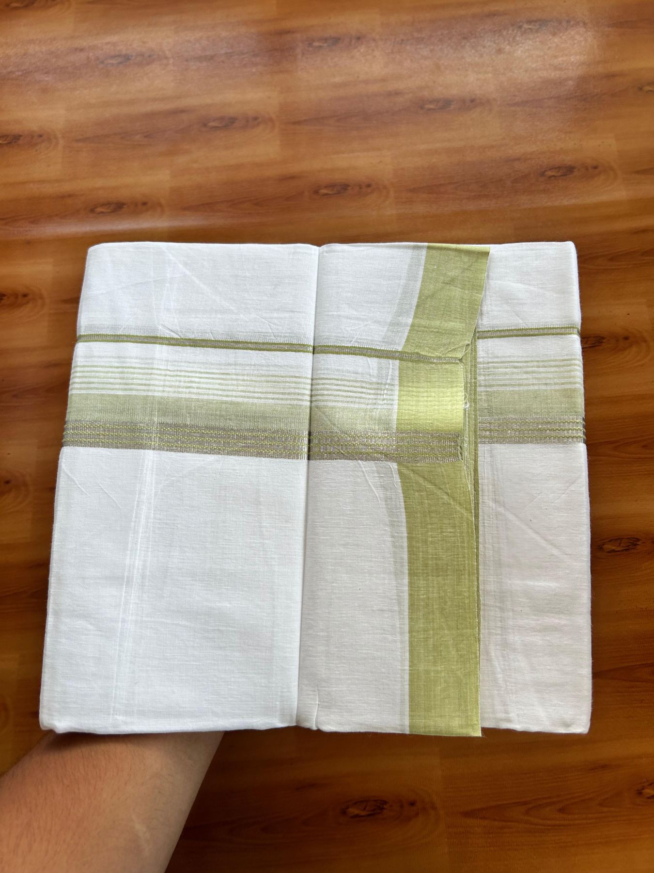 Linen Dhoti New! 20% Discount from Kaitharikada.com - Double Mundu/Dhoti (80s) Thread Pure White - Pure Cotton + Linen - 1.75 Inch Silver Kasav & Light Green Shaded Striped Kara 4 mtr (8.5 muzham) - 30 KK5493 THI