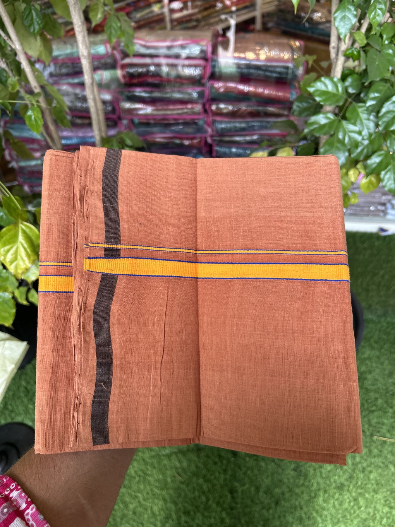 Handloom Single Hallmarked - 10% Discount ! KaithariKada 100% Pure Cotton - Mundu/Dhoti 0.5 inch Light Orange & Blue Kara with Kavi colour Body - (2 meter / 4 muzham) - 63 KK8044 ELA