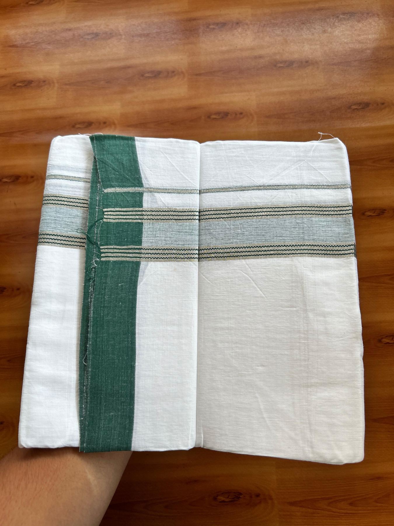 Linen Dhoti New! 20% Discount from Kaitharikada.com - Double Mundu/Dhoti (80s) Thread Pure White - Pure Cotton + Linen - 1.75 Inch Silver Kasav & Dark Green Shaded Striped Kara 4 mtr (8.5 muzham) - 31 KK5493 THI