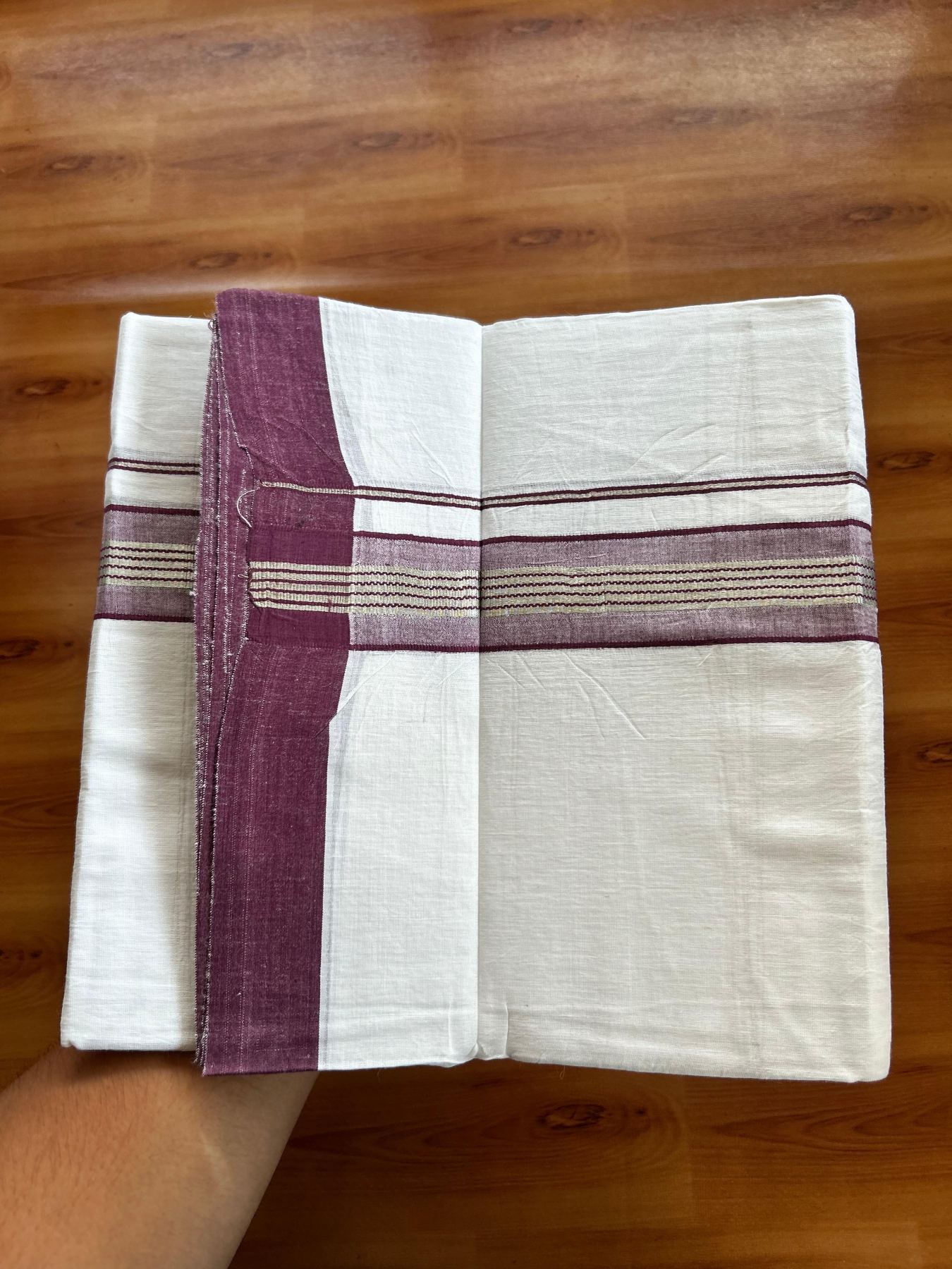 Linen Dhoti New! 20% Discount from Kaitharikada.com - Double Mundu/Dhoti (80s) Thread Pure White - Pure Cotton + Linen - 1.75 Inch Silver Kasav & Wine Purple Shaded Striped Kara 4 mtr (8.5 muzham) - 32 KK5493 THI
