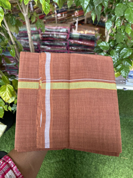 Handloom Single Hallmarked - 10% Discount ! KaithariKada 100% Pure Cotton - Mundu/Dhoti 0.5 inch Parrot Green & Light orange Kara with Kavi colour Body - (2 meter / 4 muzham) - 73 KK8044 ELA