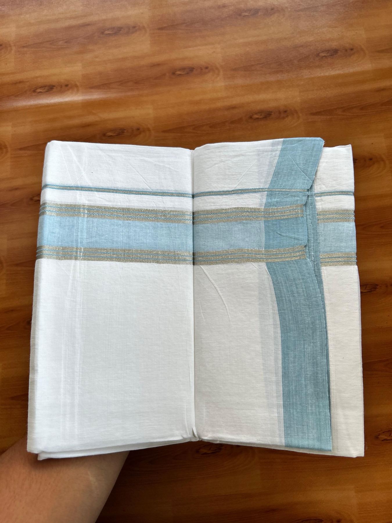 Linen Dhoti New! 20% Discount from Kaitharikada.com - Double Mundu/Dhoti (80s) Thread Pure White - Pure Cotton + Linen - 1.75 Inch Silver Kasav & Light Blue Shaded Striped Kara 4 mtr (8.5 muzham) - 33 KK5493 THI