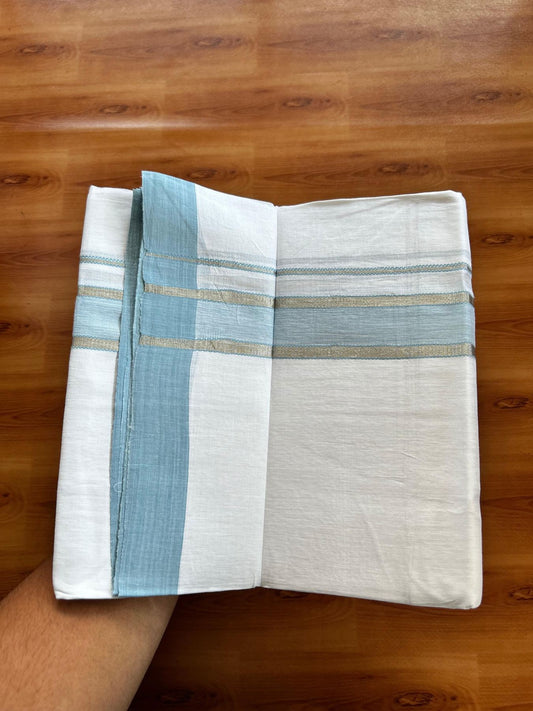Linen Dhoti New! 20% Discount from Kaitharikada.com - Double Mundu/Dhoti (80s) Thread Pure White - Pure Cotton + Linen - 1.75 Inch Silver Kasav & Light Blue Shaded Striped Kara 4 mtr (8.5 muzham) - 34 KK5493 THI