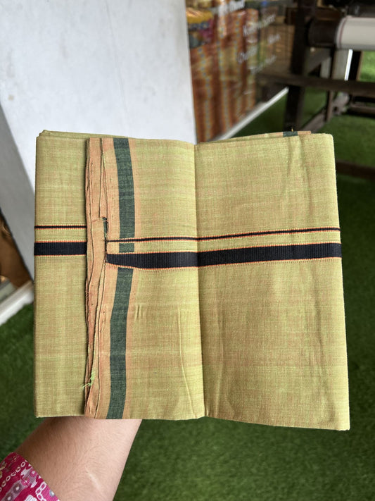Handloom Single Hallmarked - 10% Discount !! KaithariKada 100% Pure Cotton - Mundu/Dhoti Greenish Brown Body & 1.5 cm Black & Orange Kara - (2 meter / 4 muzham) - 4 KK8044 ELA