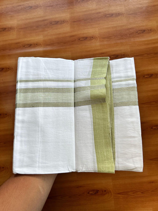Linen Dhoti New! 20% Discount from Kaitharikada.com - Double Mundu/Dhoti (80s) Thread Pure White - Pure Cotton + Linen - 1.75 Inch Silver Kasav & Light Green Shaded Striped Kara 4 mtr (8.5 muzham) - 35 KK5493 THI