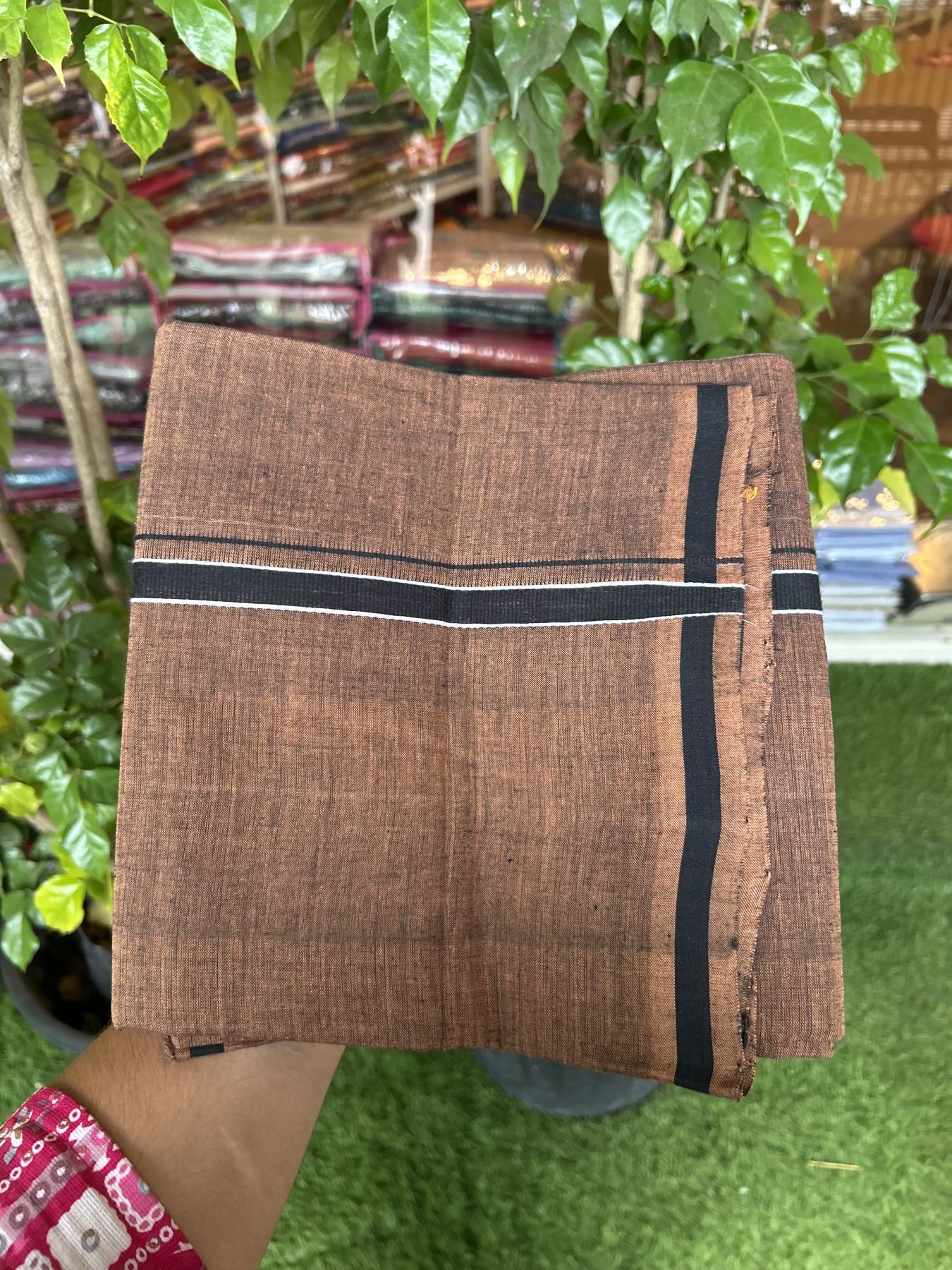 Handloom Single Hallmarked - 10% Discount ! KaithariKada 100% Pure Cotton - Mundu/Dhoti 0.5 inch Black & White striped kara with Brown colour Body - (2 meter / 4 muzham) - 86 KK8044 ELA