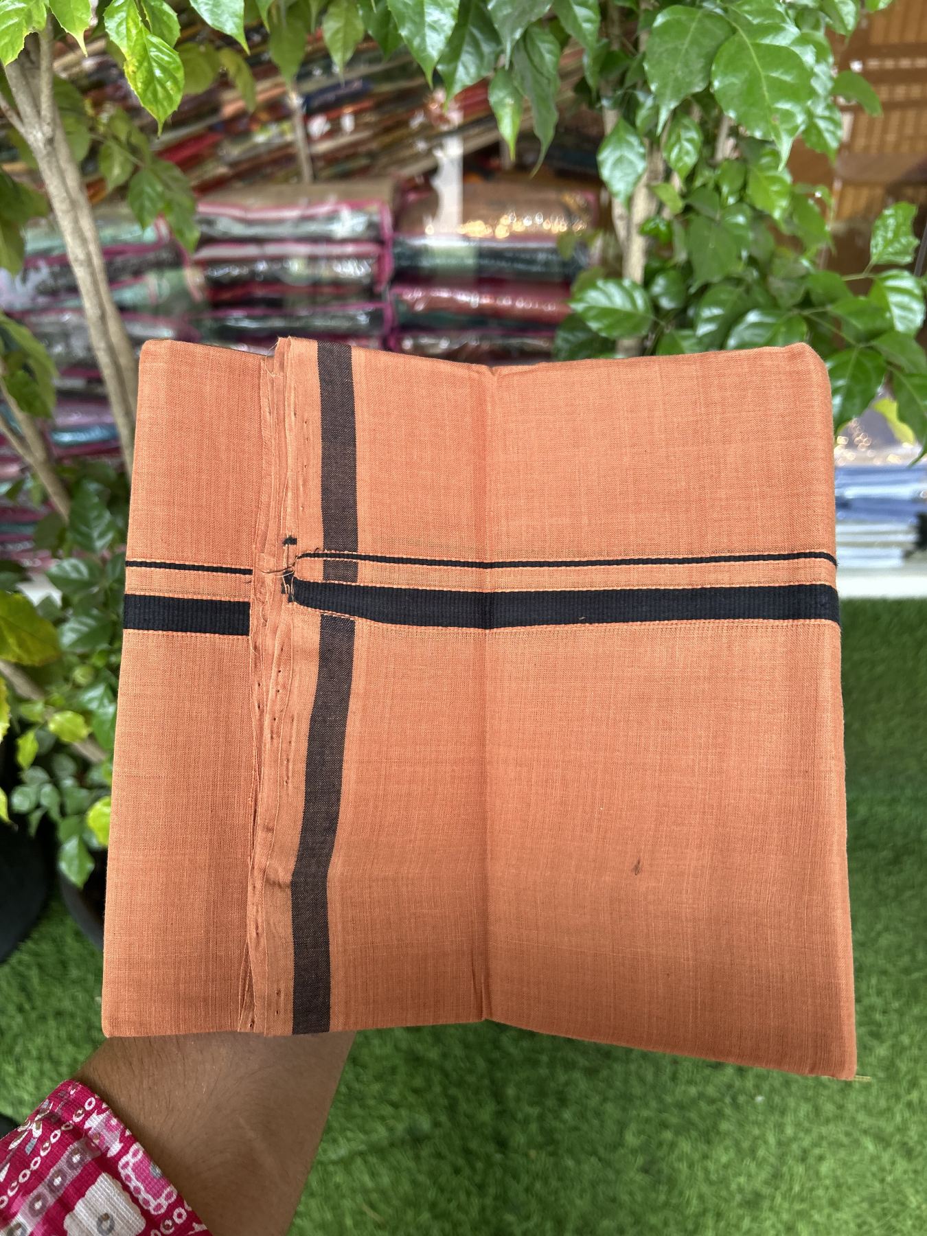 Handloom Single Hallmarked - 10% Discount ! KaithariKada 100% Pure Cotton - Mundu/Dhoti 0.5 inch Black  & Brown Kara with Kavi colour Body - (2 meter / 4 muzham) - 67 KK8044 ELA