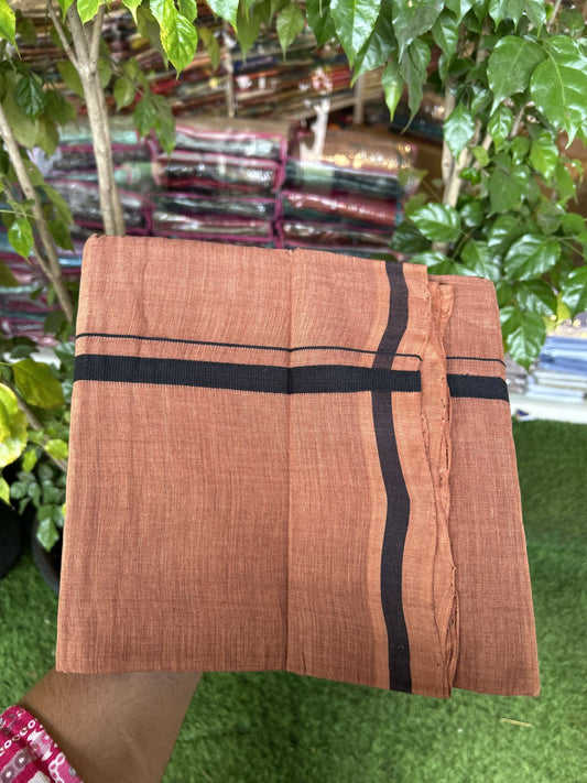 Handloom Single Hallmarked - 10% Discount ! KaithariKada 100% Pure Cotton - Mundu/Dhoti 0.5 inch Black Kara with Kavi colour Body - (2 meter / 4 muzham) - 75 KK8044 ELA