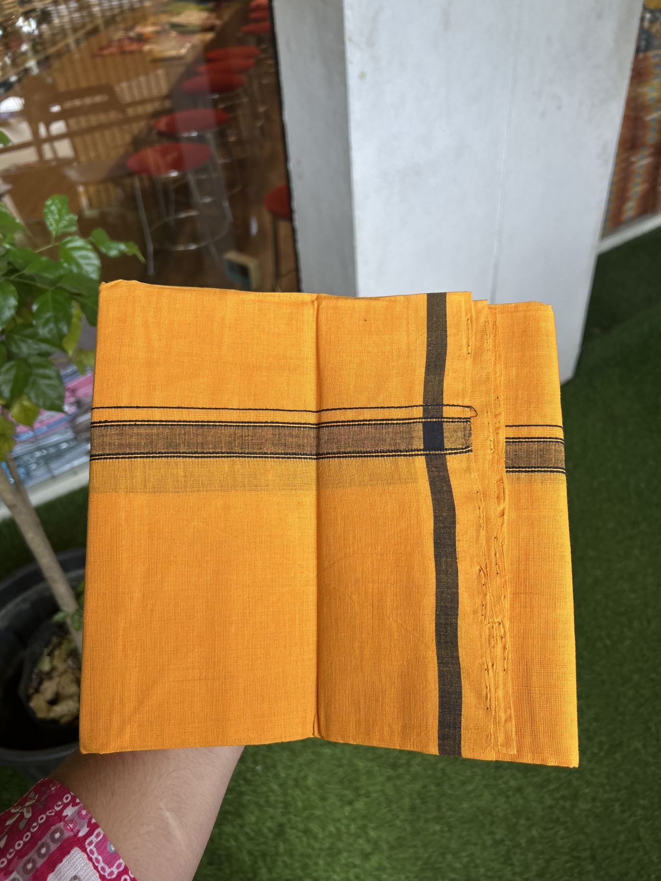 Handloom Single Hallmarked - 10% Discount !! KaithariKada 100% Pure Cotton - Mundu/Dhoti 2 cm Black Kara with Light Orange colour Body - (2 meter / 4 muzham) - 38 KK8044 ELA