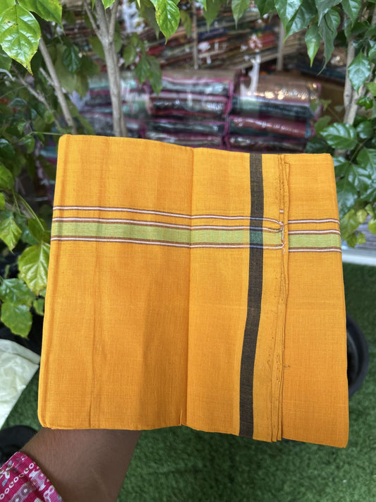 Handloom Single Hallmarked - 10% Discount !! KaithariKada 100% Pure Cotton - Mundu/Dhoti 2 cm Brown Green Kara with Light Orange colour Body - (2 meter / 4 muzham) - 36 KK8044 ELA