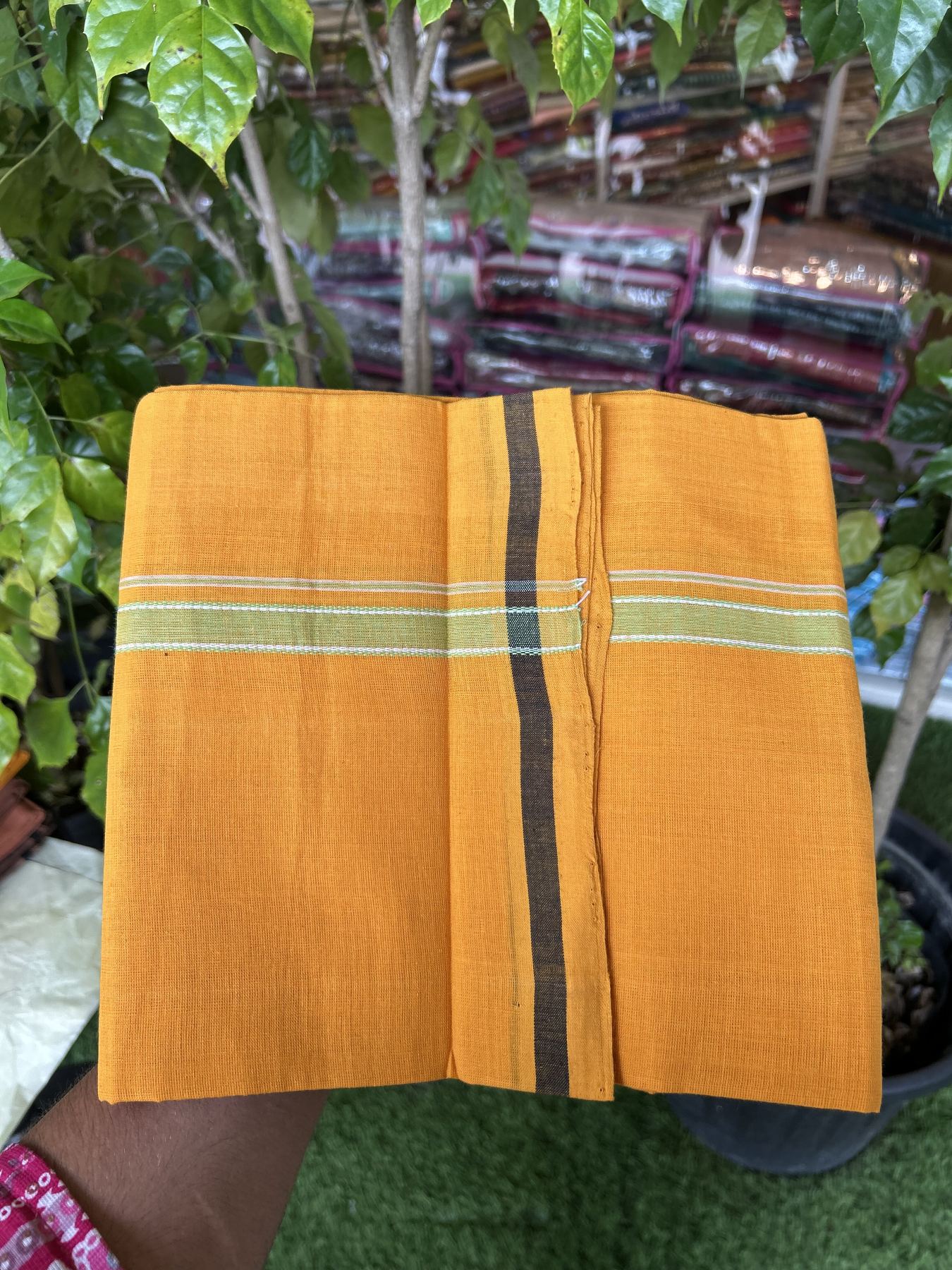 Handloom Single Hallmarked - 10% Discount !! KaithariKada 100% Pure Cotton - Mundu/Dhoti 1.5 cm Light Green Kara with Light Orange colour Body - (2 meter / 4 muzham) - 35 KK8044 ELA