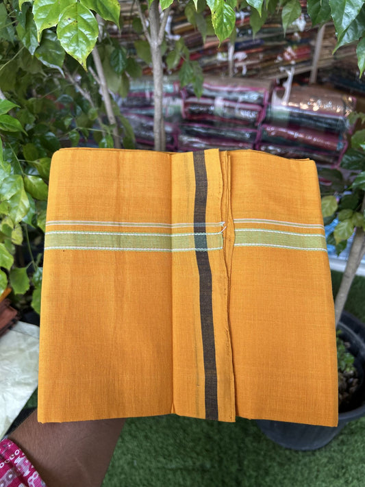 Handloom Single Hallmarked - 10% Discount !! KaithariKada 100% Pure Cotton - Mundu/Dhoti 1.5 cm Light Green Kara with Light Orange colour Body - (2 meter / 4 muzham) - 35 KK8044 ELA