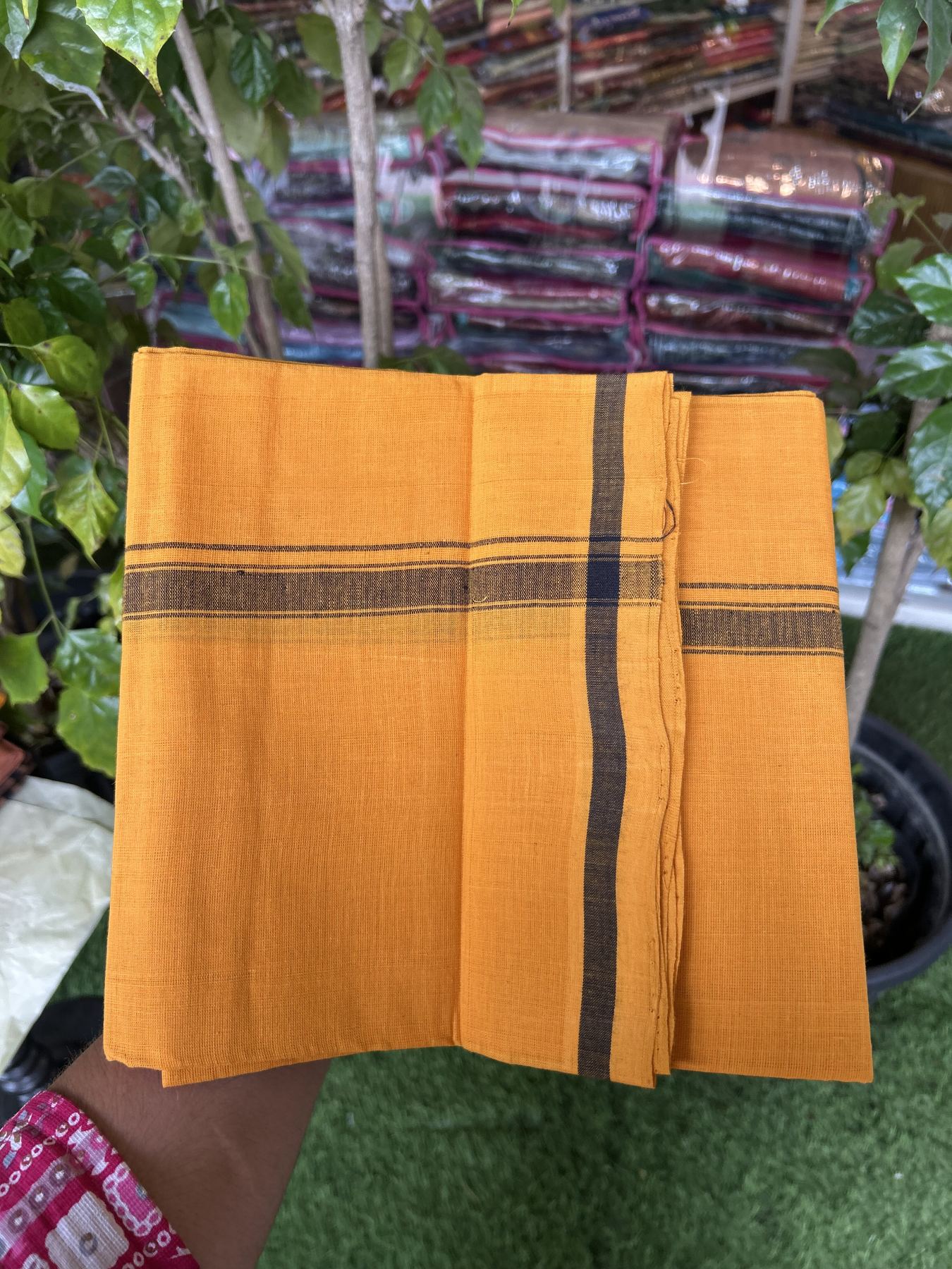 Handloom Single Hallmarked - 10% Discount !! KaithariKada 100% Pure Cotton - Mundu/Dhoti 2 cm Black Kara with Light Orange colour Body - (2 meter / 4 muzham) - 34 KK8044 ELA