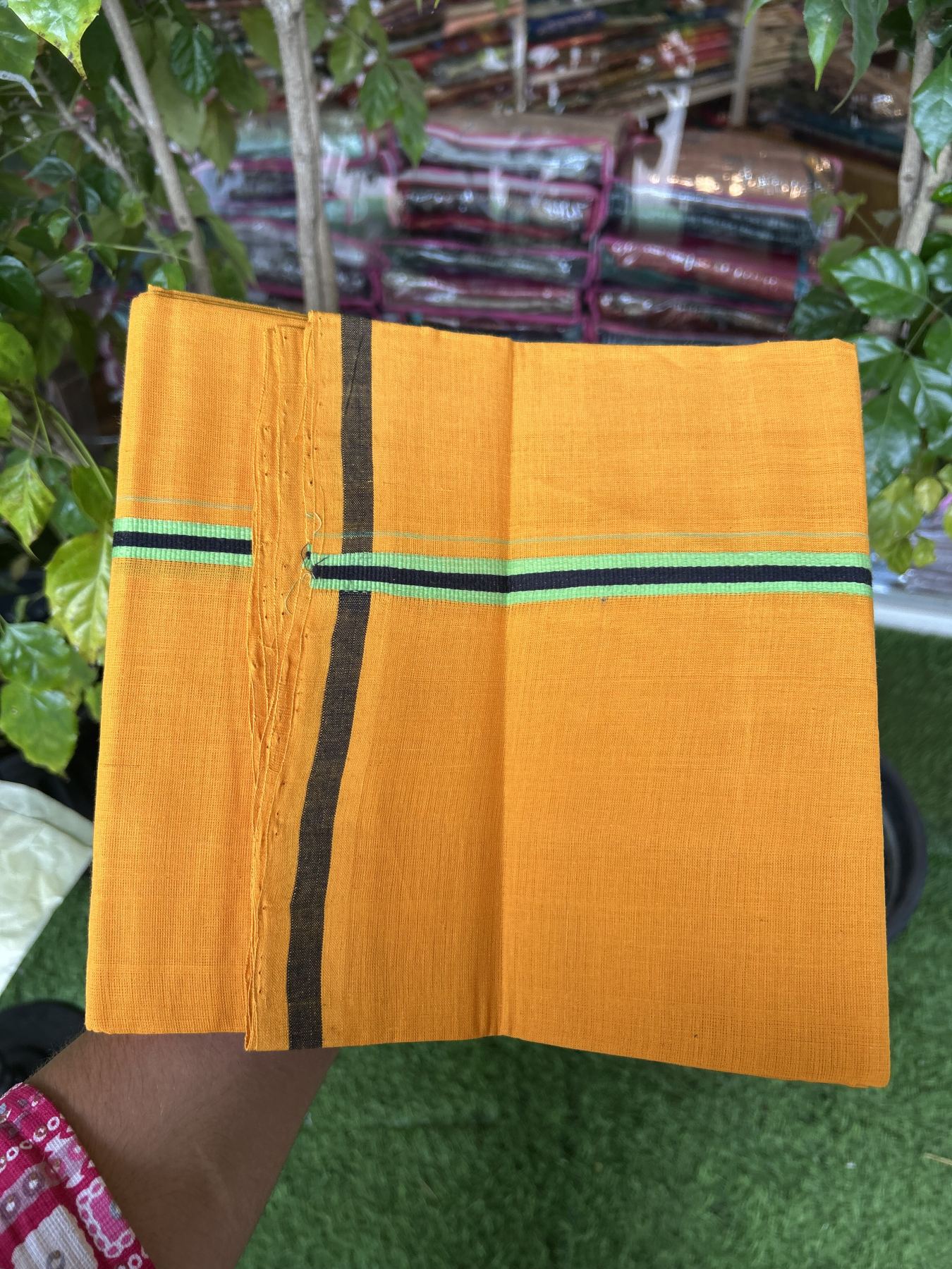 Handloom Single Hallmarked - 10% Discount !! KaithariKada 100% Pure Cotton - Mundu/Dhoti 1.5 cm Green & Black Kara with Light Orange colour Body - (2 meter / 4 muzham) - 33 KK8044 ELA