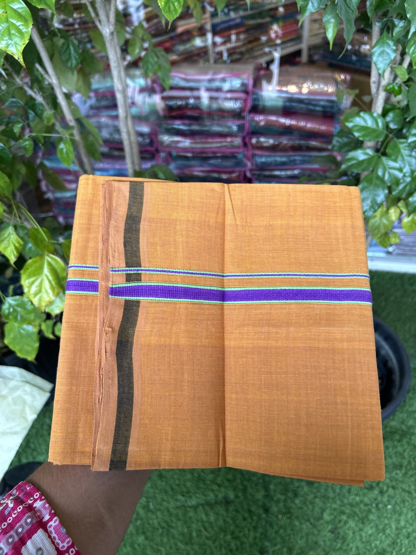 Handloom Single Hallmarked - 10% Discount ! KaithariKada 100% Pure Cotton - Mundu/Dhoti 0.5 inch Violet & Parrot Green Kara with Kavi colour Body - (2 meter / 4 muzham) - 62 KK8044 ELA
