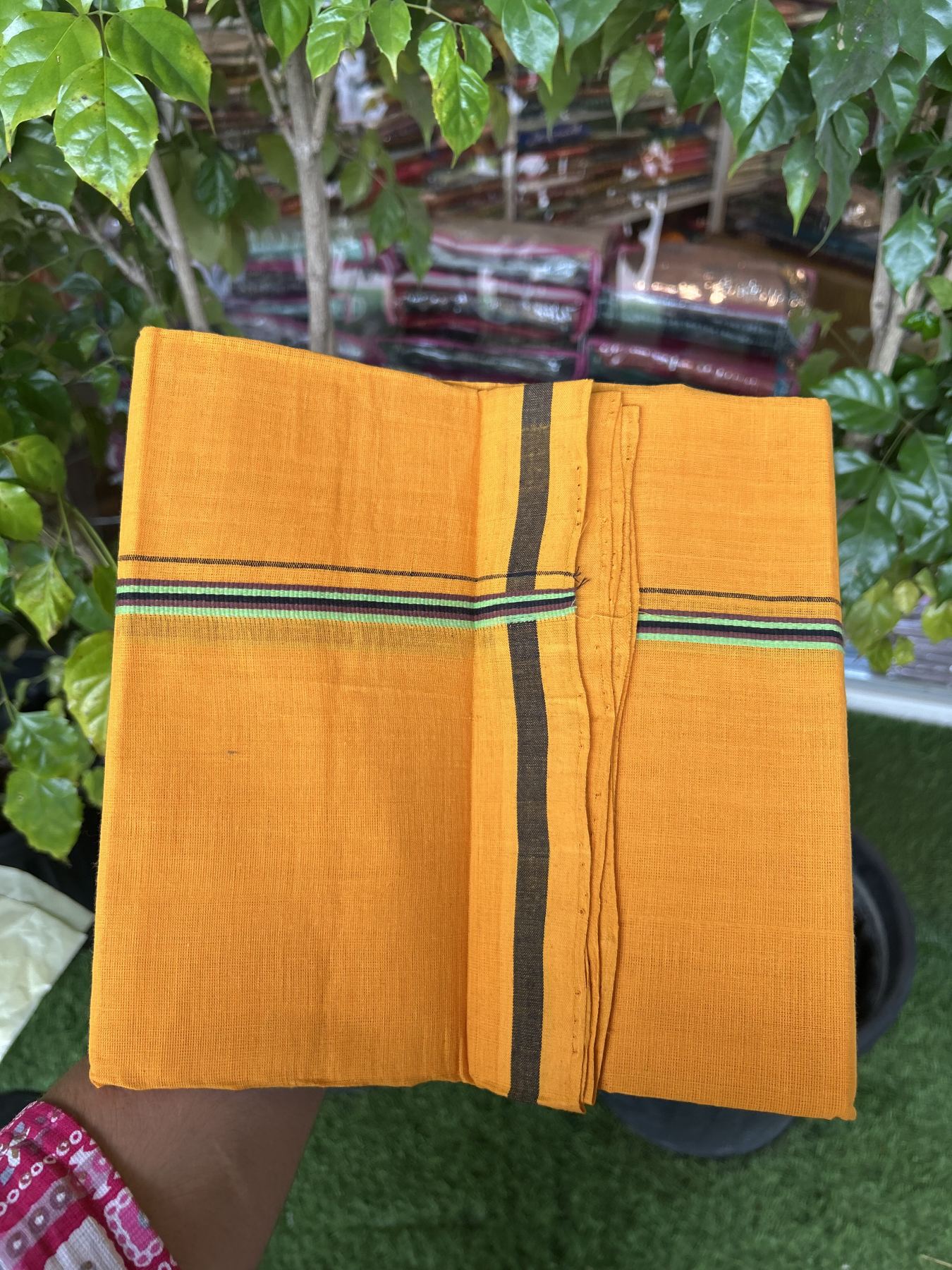 Handloom Single Hallmarked - 10% Discount !! KaithariKada 100% Pure Cotton - Mundu/Dhoti 1 cm Green Brown & Black Kara with Light Orange colour Body - (2 meter / 4 muzham) - 32 KK8044 ELA