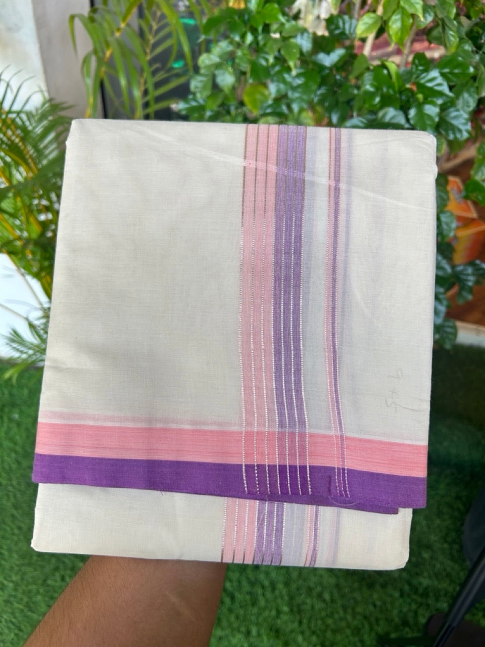 20% DISCOUNT! KaithariKada  Cotton OFF White - 100x80 thread-  NORTH INDIAN ATTACHED GAMCHA - 9X5 Dhoti - 1.5 inch Silver Kasavu Shaded Pink Peach & Violet Stripes Kara - 6KK5189PMC