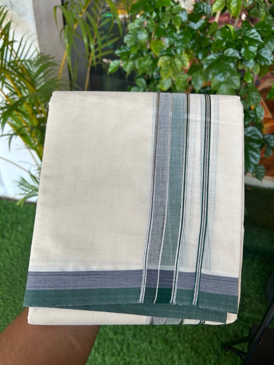 20% DISCOUNT! KaithariKada  Cotton OFF White - 100x80 thread-  NORTH INDIAN ATTACHED GAMCHA - 9X5 Dhoti - 1.5 inch Silver Kasavu Shaded Dark Green & Violet Stripes Kara - 5KK5189PMC