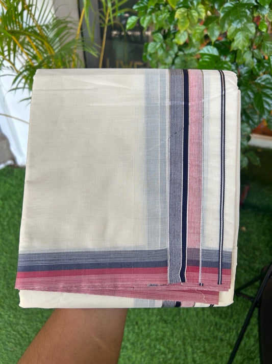 20% DISCOUNT! KaithariKada  Cotton OFF White - 100x80 thread-  NORTH INDIAN ATTACHED GAMCHA - 9X5 Dhoti - 1.5 inch Silver Kasavu Navy Blue & Shaded Brick Red Stripes Kara - 3KK5189PMC