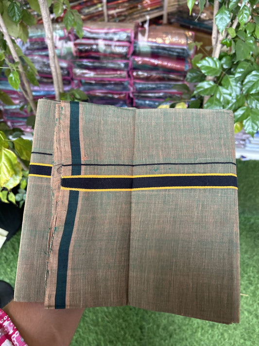Handloom Single Hallmarked - 10% Discount !! KaithariKada 100% Pure Cotton - Mundu/Dhoti Sage Green Body & 1.5 cm Black & Light Orange Kara - (2 meter / 4 muzham) - 3 KK8044 ELA