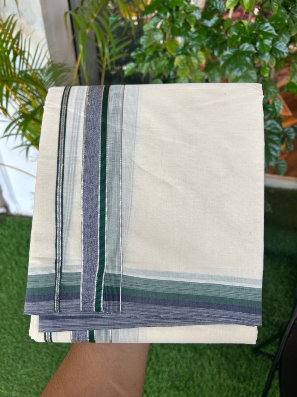 20% DISCOUNT! KaithariKada  Cotton OFF White - 100x80 thread-  NORTH INDIAN ATTACHED GAMCHA - 9X5 Dhoti - 1.5 inch Silver Kasavu Dark Green & Shaded Violet Stripes Kara - 4KK5189PMC
