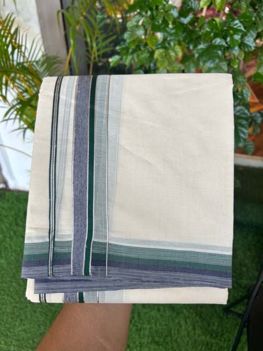 20% DISCOUNT! KaithariKada  Cotton OFF White - 100x80 thread-  NORTH INDIAN ATTACHED GAMCHA - 9X5 Dhoti - 1.5 inch Silver Kasavu Dark Green & Shaded Violet Stripes Kara - 4KK5189PMC