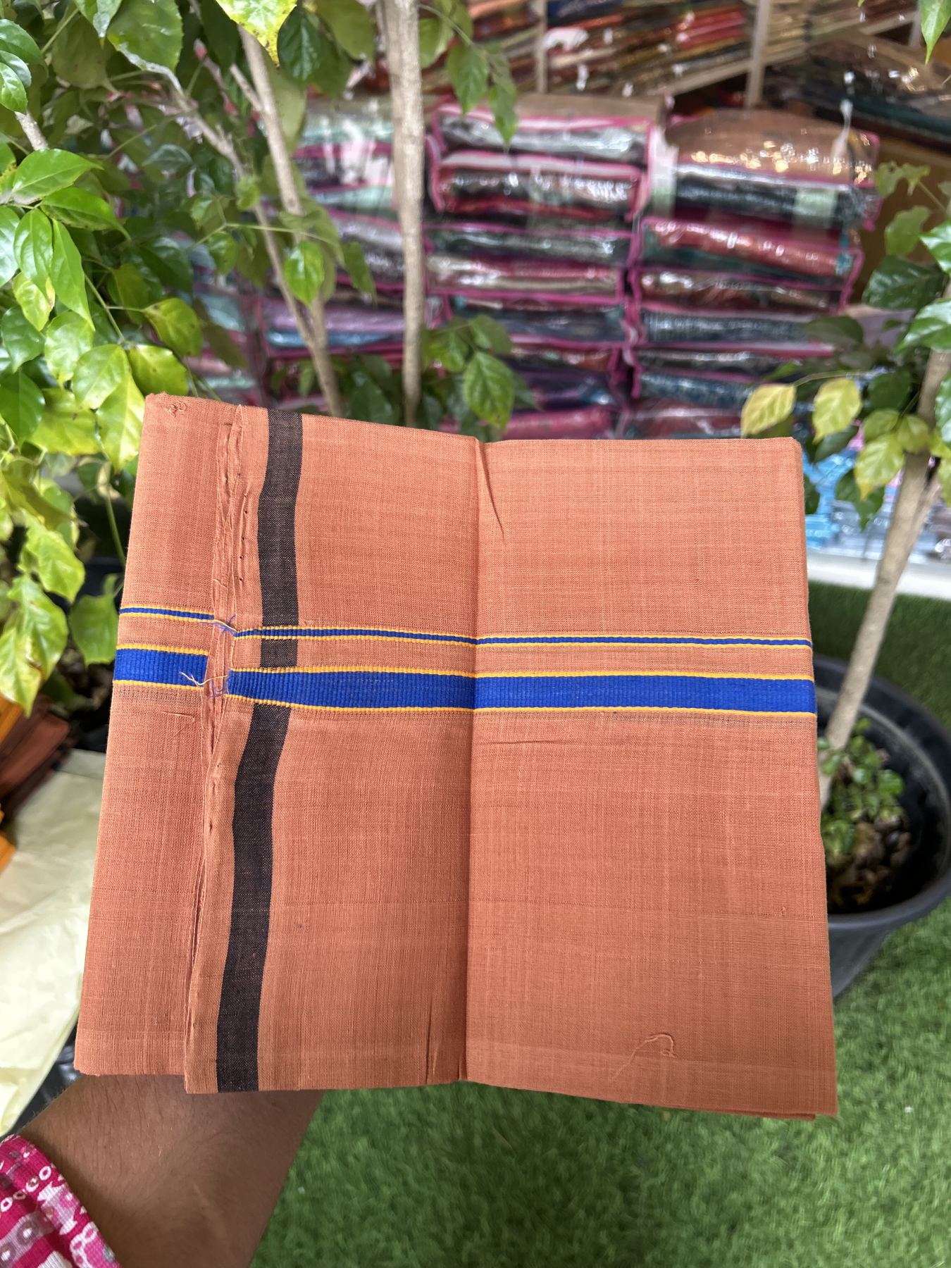 Handloom Single Hallmarked - 10% Discount ! KaithariKada 100% Pure Cotton - Mundu/Dhoti 0.5 inch Blue & Light Orange Kara with Kavi colour Body - (2 meter / 4 muzham) - 59 KK8044 ELA