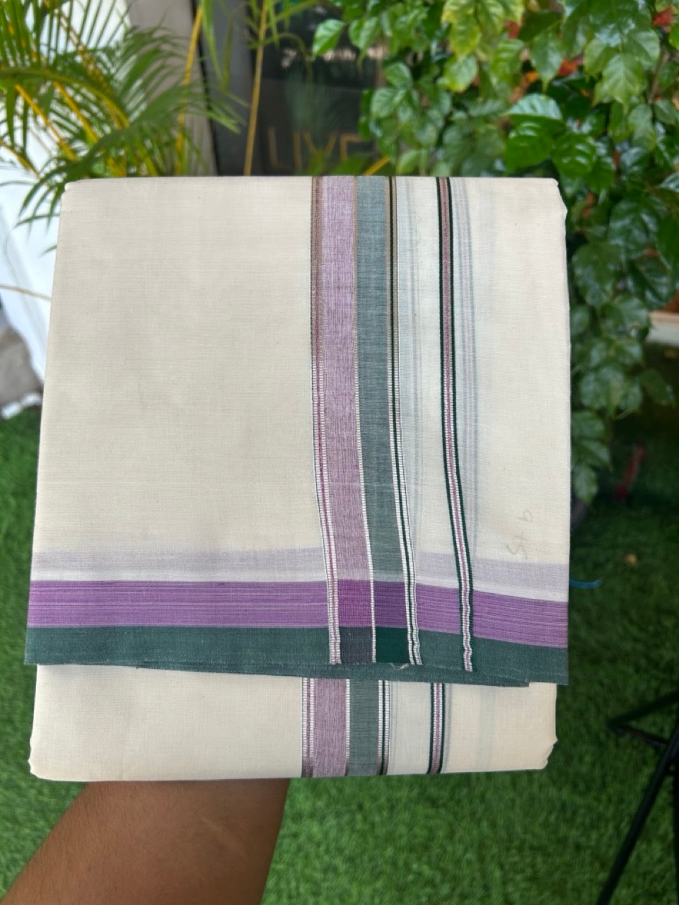 20% DISCOUNT! KaithariKada  Cotton OFF White - 100x80 thread-  NORTH INDIAN ATTACHED GAMCHA - 9X5 Dhoti - 1.5 inch Silver Kasavu Dark green & Shaded Purple Stripes Kara - 2KK5189PMC