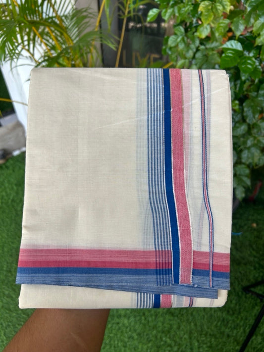 20% DISCOUNT! KaithariKada  Cotton OFF White - 100x80 thread-  NORTH INDIAN ATTACHED GAMCHA - 9X5 Dhoti - 1.5 inch Silver Kasavu Peacock Blue & Magenta Stripes Kara - 1KK5189PMC