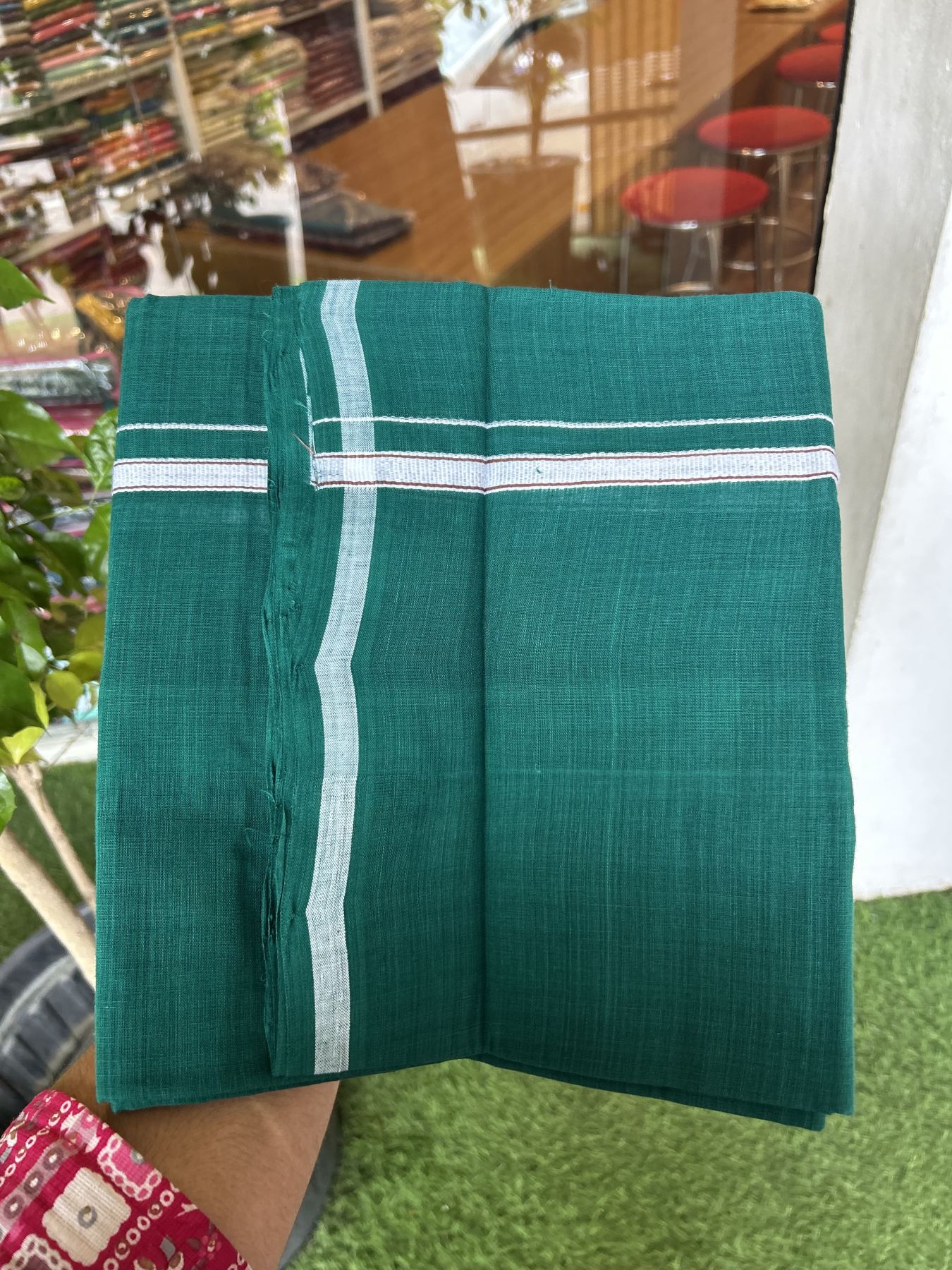 10% Discount !! KaithariKada 100% Pure Cotton - Handloom Single Mundu/Dhoti  Green Colour Body & White 1 cm Kara- 2.25mtr (4.82 muzham)  - 49 KK8044 ELA