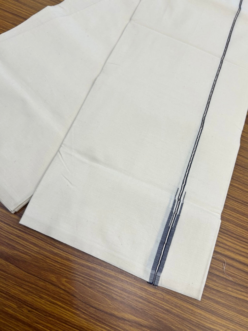 20% Discount! KaithariKada Balaramapuram 100% Cotton Single Off white - (Unbleached) Mundu/Dhoti - 100X100 - 1 cm Puliyilakkara Silver Kasavu & Navy Blue Shaded Chutty Kara (2 meter / 4 muzham) - 3 KK5268 ASH