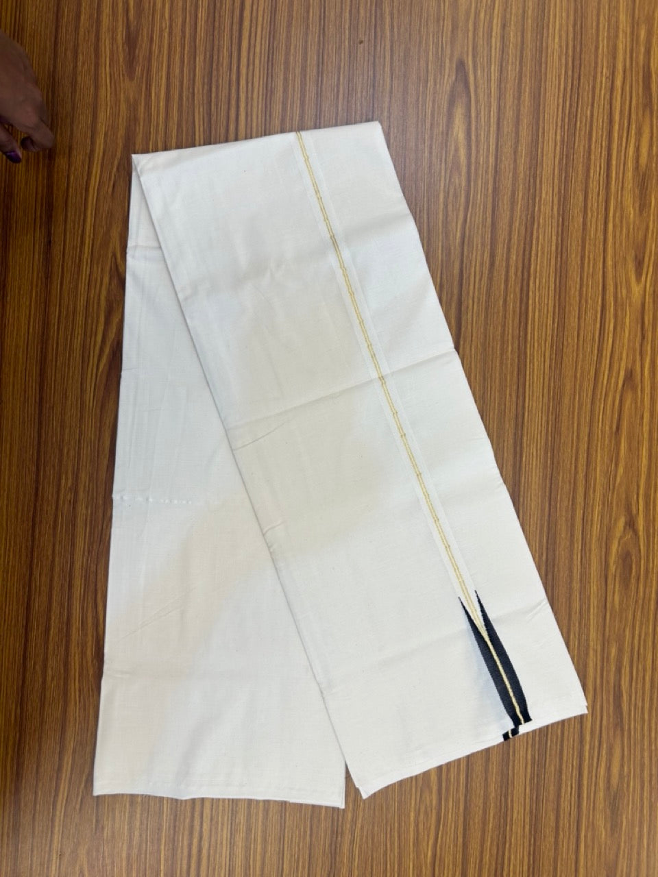 20% Discount! KaithariKada Balaramapuram 100% Cotton Single Off white - (Unbleached) Mundu/Dhoti - 100X100 - 2 cm Puliyilakkara 2 line Gold Kasavu Black Chutty Kara (2 meter / 4 muzham) - 4 KK5268 ASH